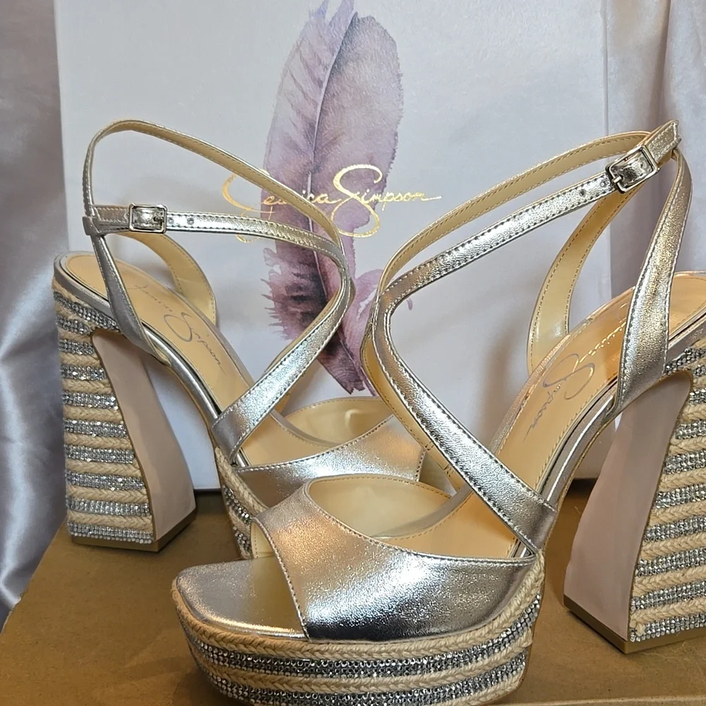 Jessica Simpson Women's Silver Dosia Embellished Faux Leather Sandals